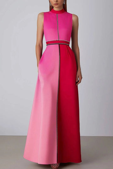 High Neck A Line Satin Sleeveless Pink Formal Dress